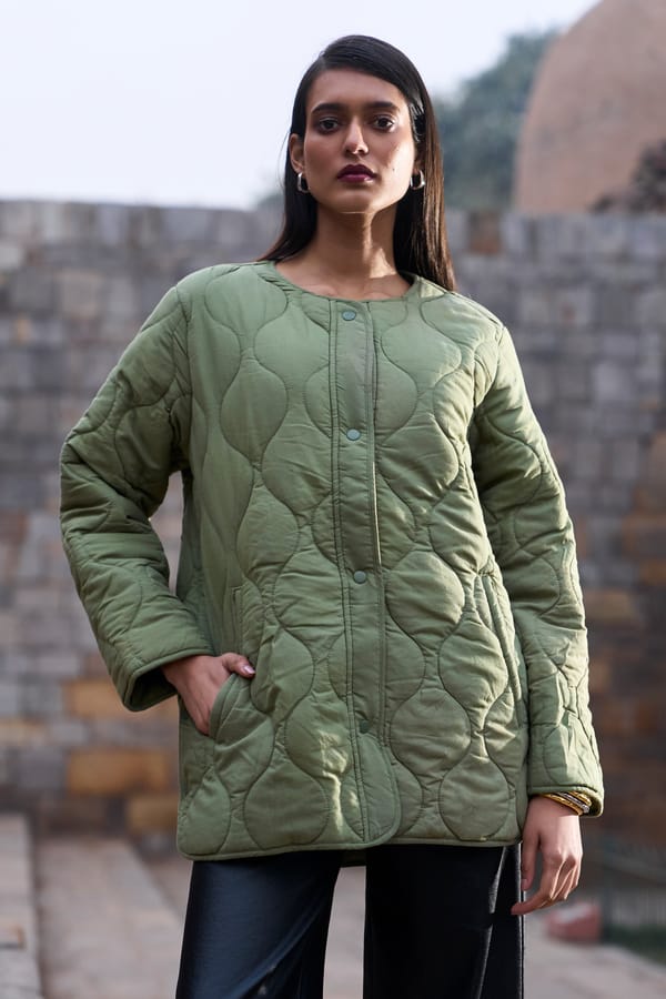 Green Geometric Quilted Snap-Button Jacket — Dash and Dot