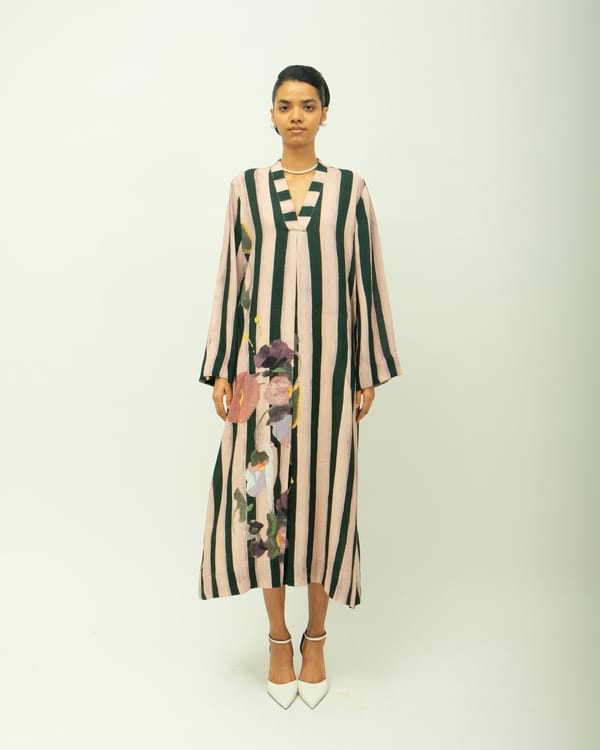 Soft Pink Striped Abstract Print Anti-Fit Midi Dress — Ofrida