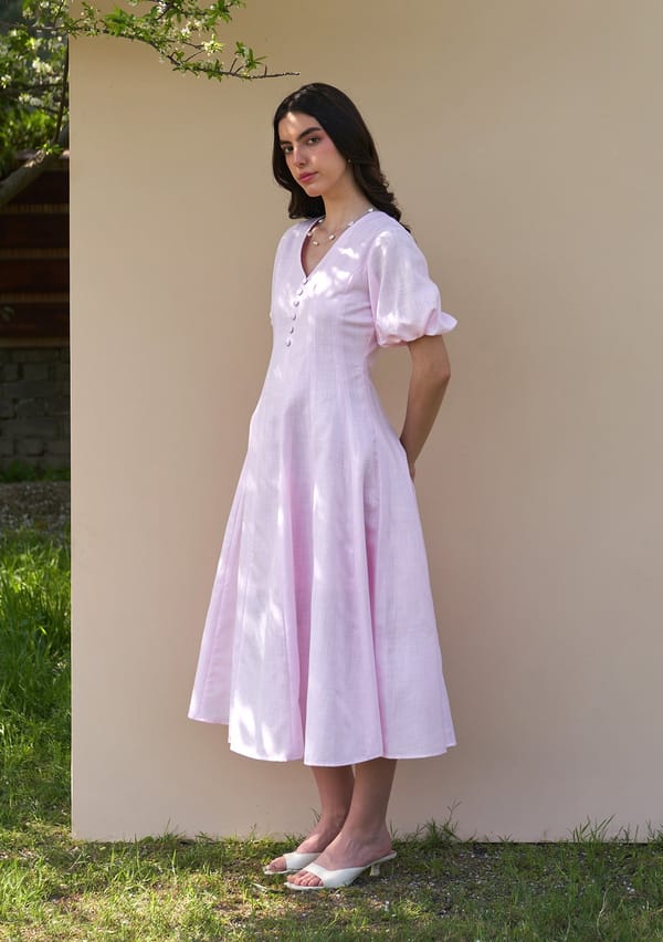 Baby Pink Cotton Linen Fit and Flare Midi Dress — AMOSHI