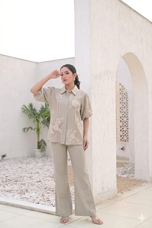 Beige Linen Embroidered Shirt and Wide-Leg Co-ord Set — RUCHIKA MALLIKA LABEL