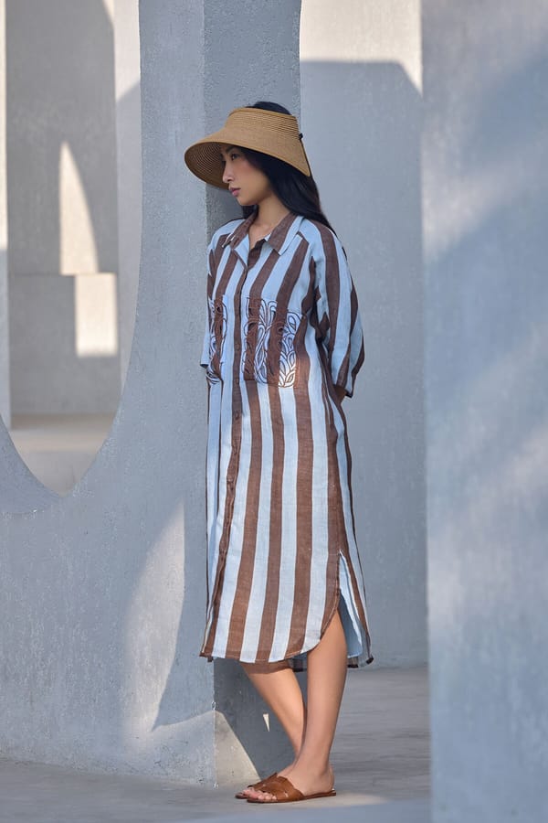 Blue and Brown Striped Gauze Linen Midi Shirt Dress — YELL