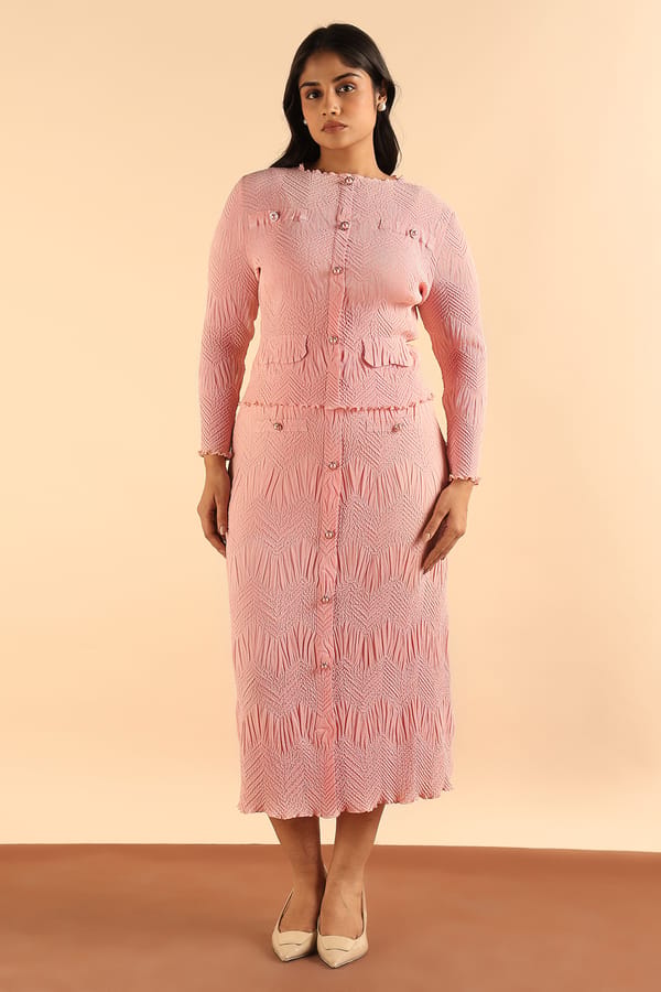 Soft Pink Textured Top and Midi Skirt Co-ord Set — Pleats by Aruni