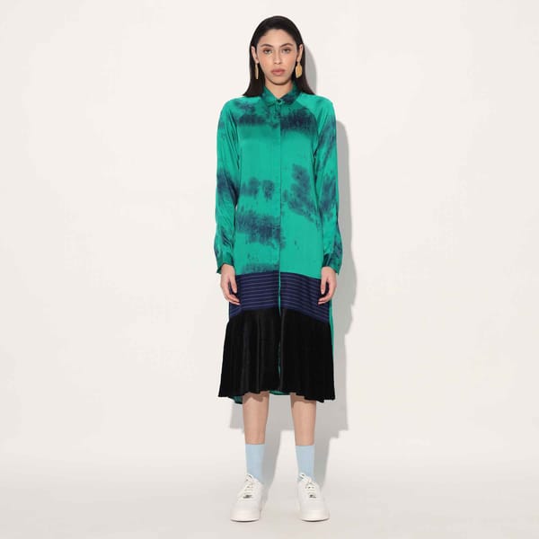 Green Tie-Dye Satin Shirt Dress with Pleated Hem — Linetribe
