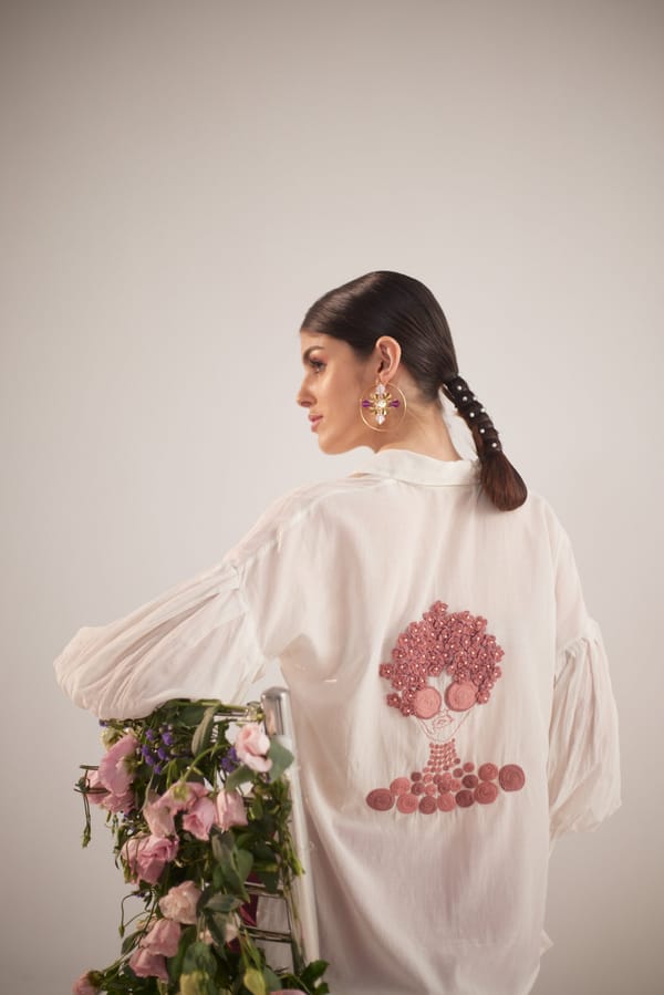 Off-White Sheer Voile Balloon Sleeve Embroidered Shirt — Western Era