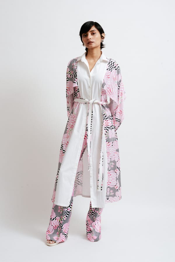 White and Pink Printed Midi Shirt Dress with Belt — White Saturn