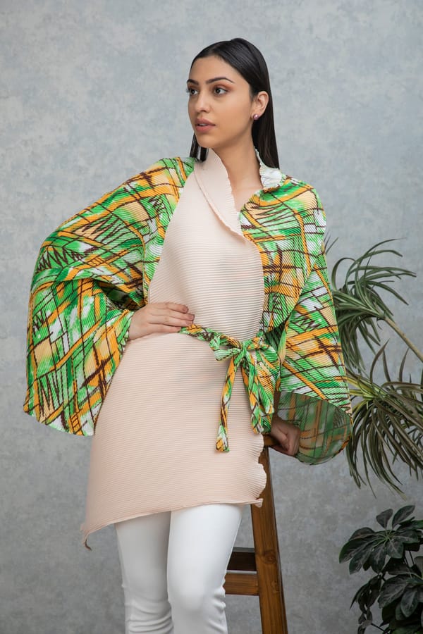 Green/Yellow Abstract Printed Pleated Cape Overlay — Rhe-Ana