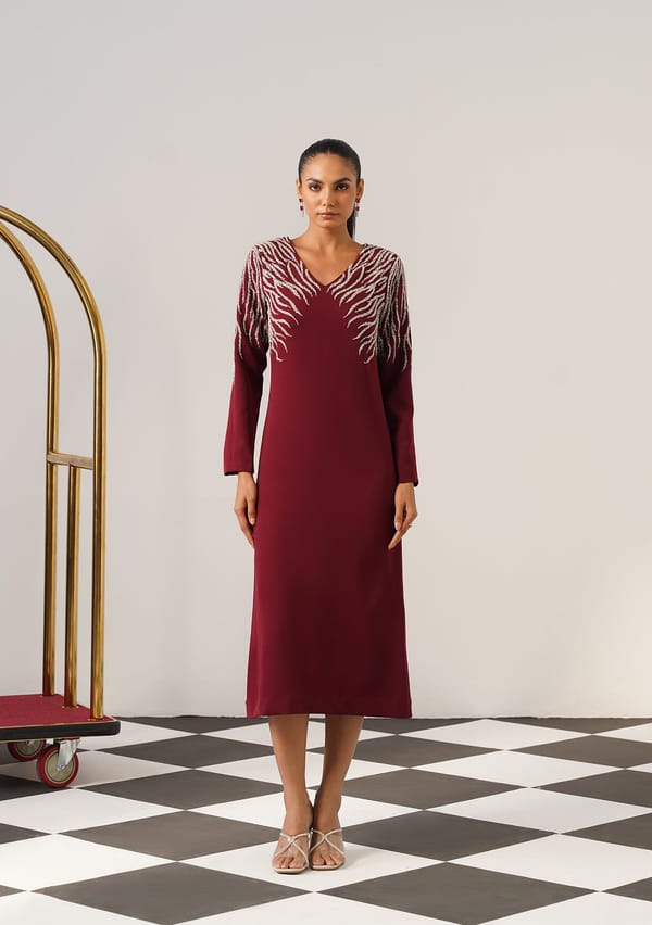 Burgundy V-Neck Cutdana Embellished Midi Dress — AMOSHI