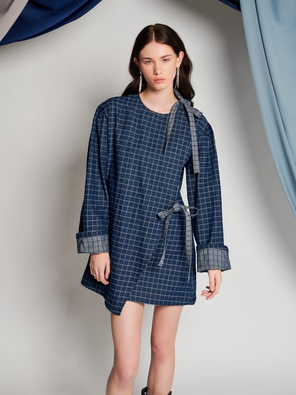 Blue Checked Oversized Wrap Mini Dress — SISTER JANE