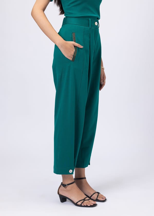 Pine Green High-Rise Barrel-Leg Trousers — Alonge