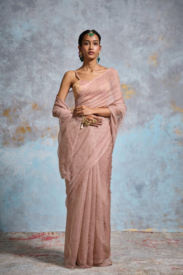 Pastel Peach Crinkle Tissue Saree — Dressfolk