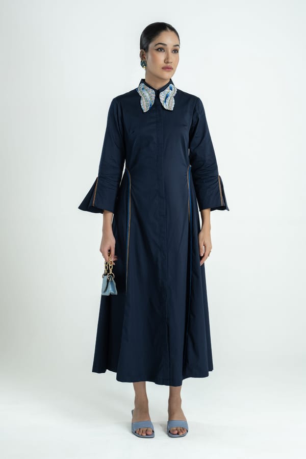 Navy Cotton Satin Embroidered Collar Maxi Dress — Our Love