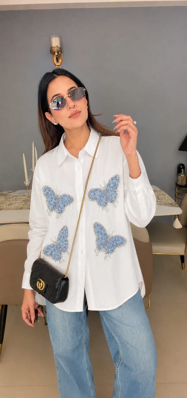 White Butterfly Detail Button Shirt — CLOSET AFFAIR