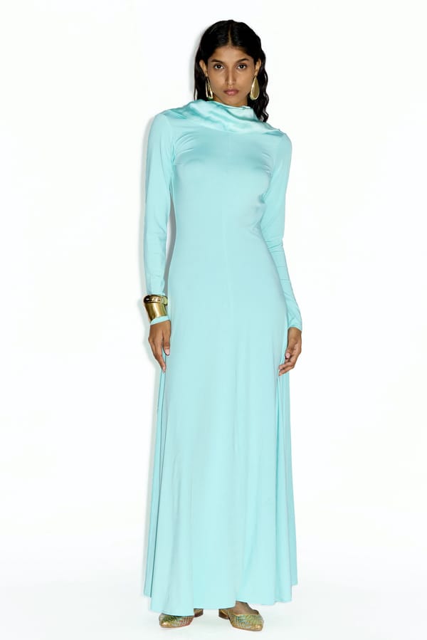 Cyan Satin Cowl Neck Open Back Maxi Gown — TWINKLE HANSPAL
