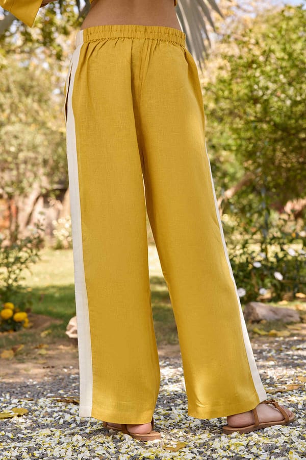 Yellow Linen Colorblock Palazzo Pants with White Side Panels — YELL