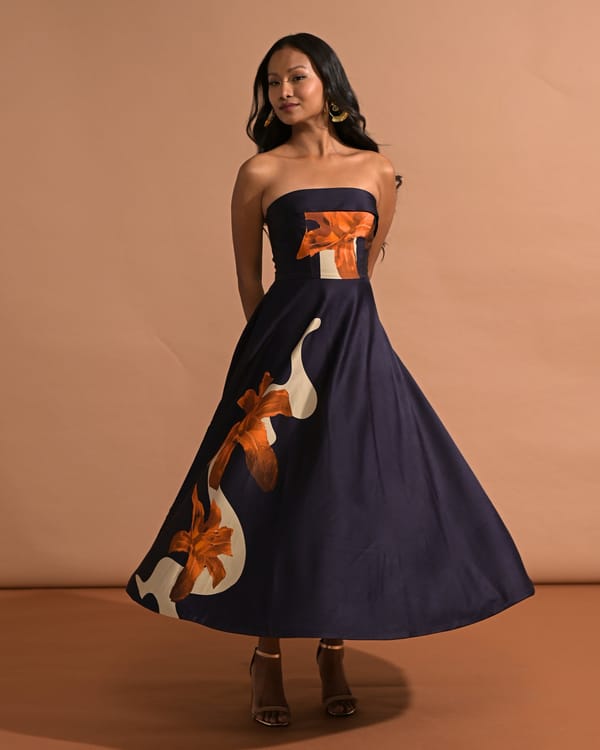 Navy Strapless Fit and Flare Printed Midi Dress — Missy Co.