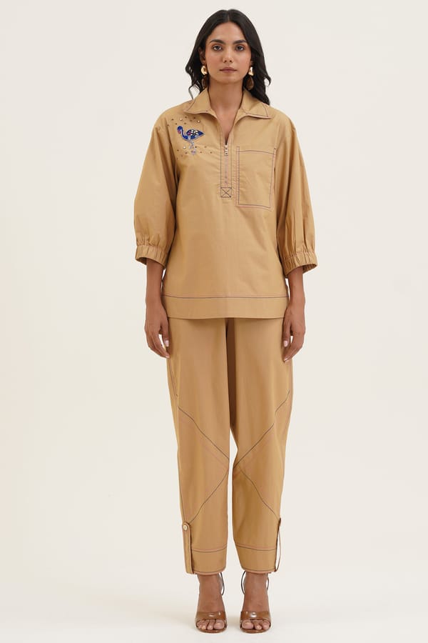 Sand Cotton Straight-Leg Relaxed Fit Trousers — STITCH STORIES
