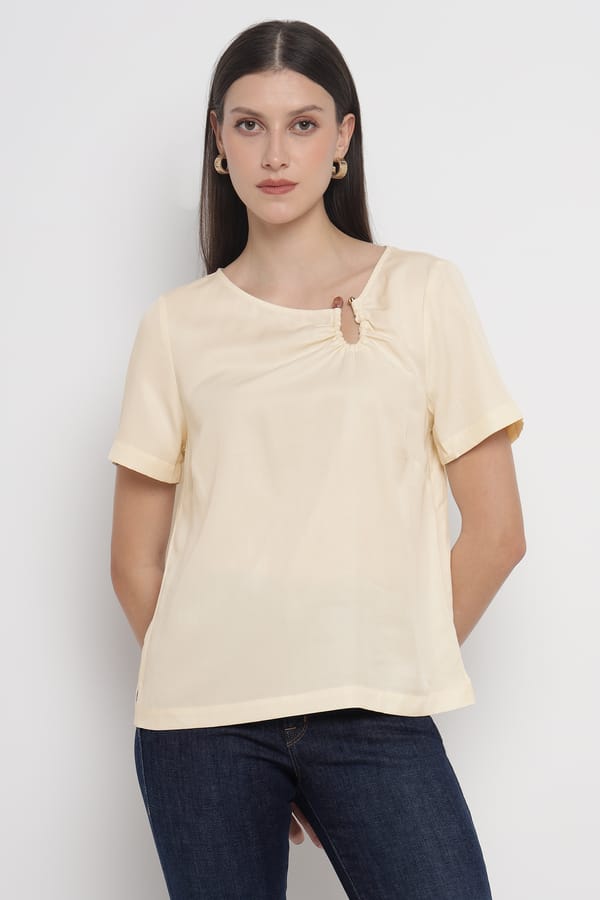 Light Pearl Lyocell Round-Neck Top with Keyhole Detail — SALSA JEANS