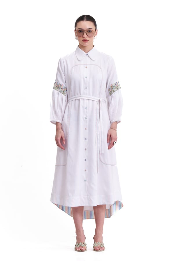 White Cotton-Linen Belted Midi Shirt Dress — Our Love