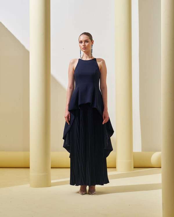 Blue High Neck Layered Peplum Maxi Gown — Pleats by Aruni