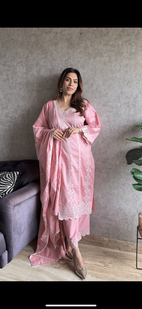 Pink Cotton Embroidered Kurta Set with Dupatta — NARAYANI VASTRA