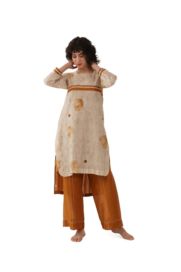 Rust Printed 3-Piece Kurta Set with Wide-Leg Pants — Khat