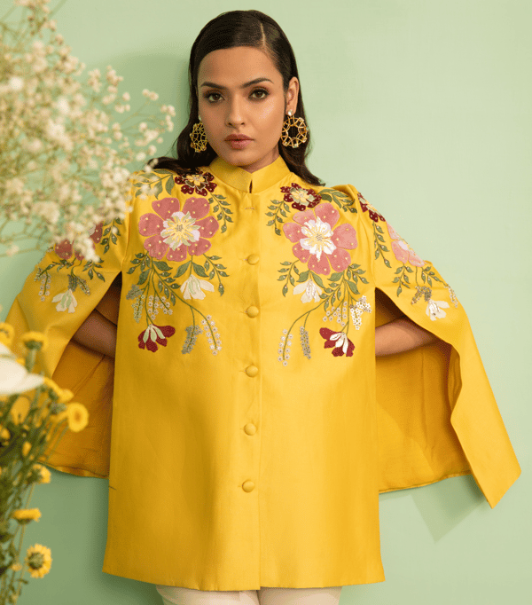 Sun Yellow Chanderi Floral Applique Cape Jacket — RUCHIKA  MALLIKA LABEL