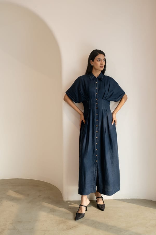 Moraine Blue Organic Linen Button-Front Maxi Shirt Dress — ALTER NATIVE