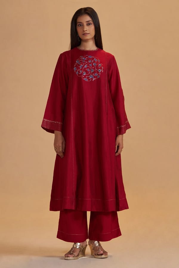 Maroon Silk Kurta and Wide-Leg Pants Co-ord Set — Ganga Fashions Pvt Ltd