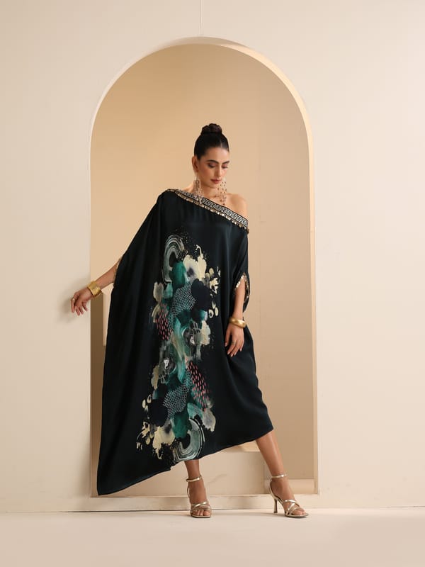 Green Abstract Print One-Shoulder Modal Satin Kaftan — Sakshi G Chawla