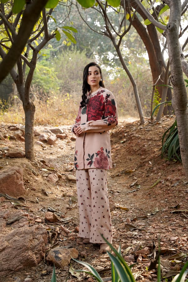 Nude Pink Floral Wide-Leg Merino Wool Trousers — Moh India
