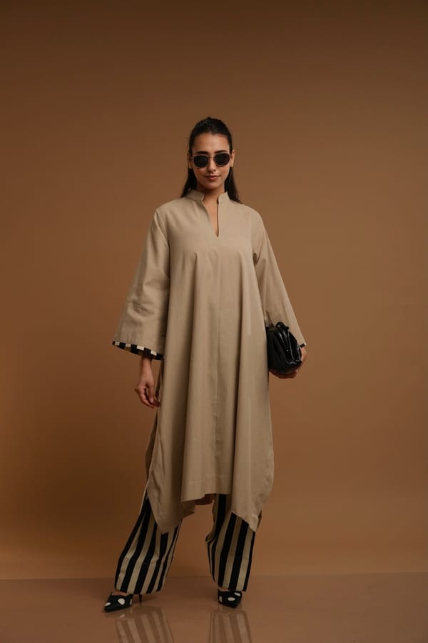 Tan A-Line Kurta and Farshi Salwar Set — D Mak