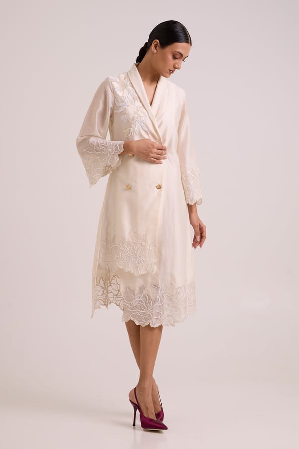 Ivory Embroidered Blazer Midi Dress with Gold Buttons — Madder Much