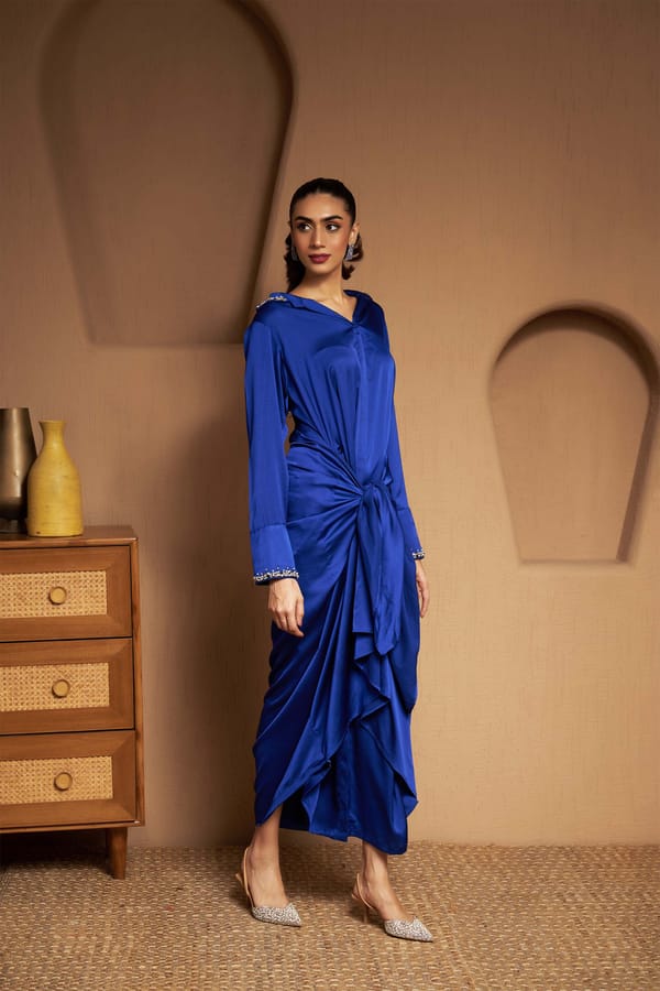 Royal Blue Crepe Satin Wrap Midi Dress with Embellished Collar — Sakshi G Chawla