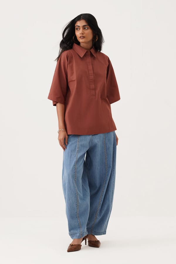 Brown Shirt and Blue Denim Wide-Leg Co-ord Set — Spacelines