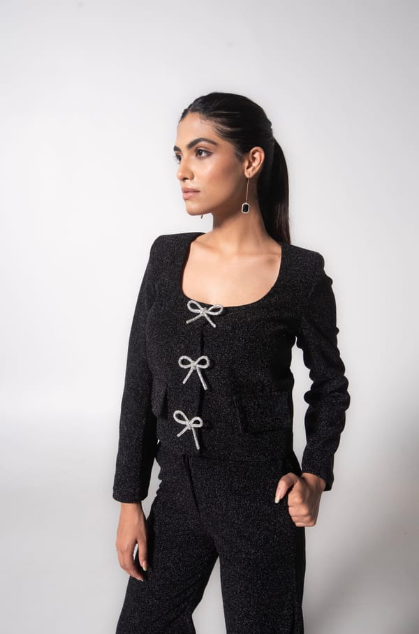 Black Glitter Jacket with Rhinestone Bow Details — MAGIA