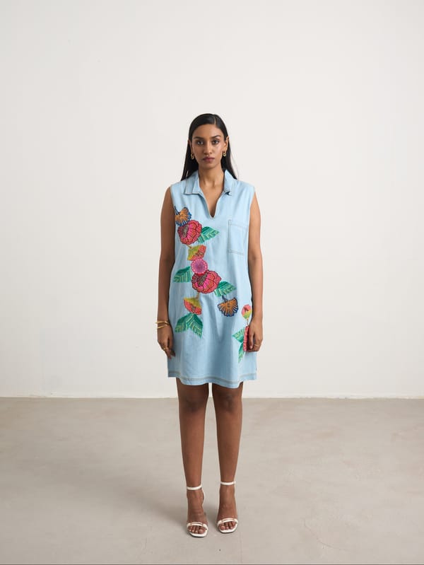 Blue Denim Sleeveless Collared Dress with Floral Embroidery — Naka Teki
