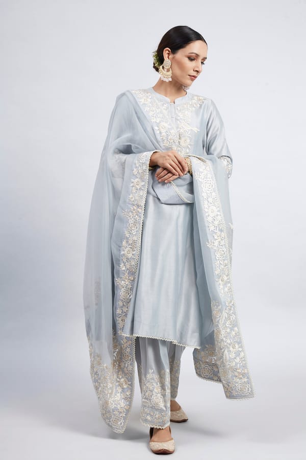 Teal Blue Chanderi Silk Embroidered Suit Set With Dupatta — Sheetal Batra