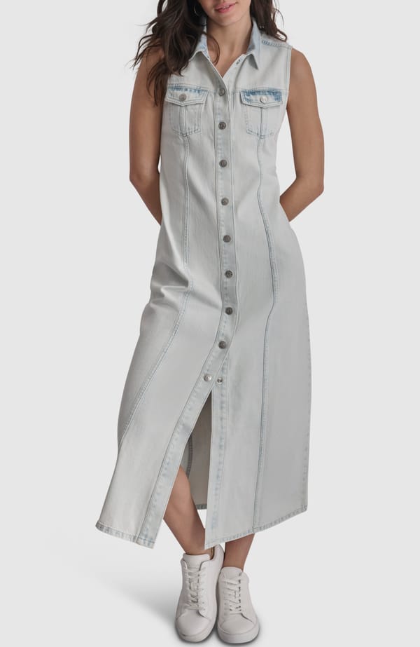 Light Blue Denim Midi Shirt Dress with Button Front — DKNY