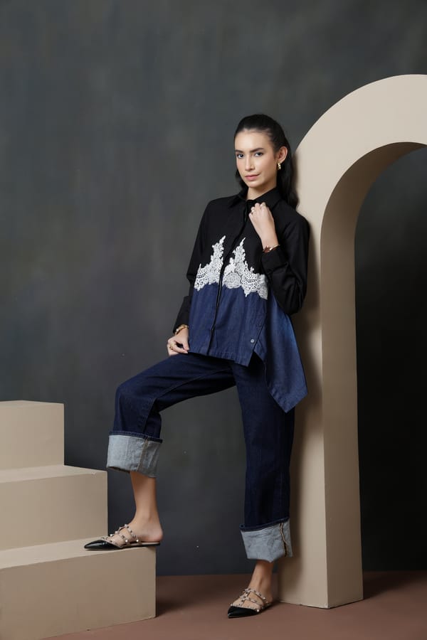 Dark Denim Colorblock Shirt with White Lace Insert — Rhe-Ana
