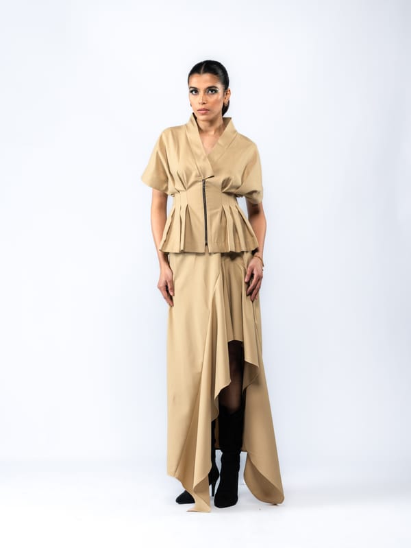 Beige Zip-Front Peplum Top and Draped Maxi Skirt Co-ord — Ang-sa