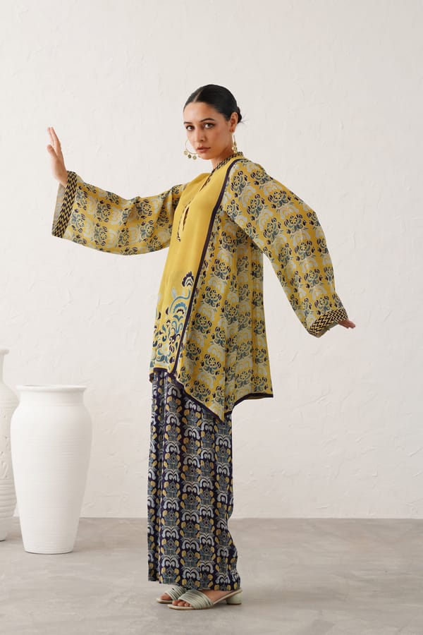 Yellow and Blue Printed Tunic and Wide-Leg Co-ord Set — NEETIKA CHOPRA