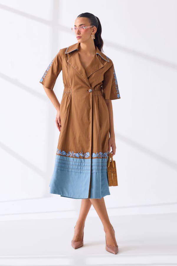 Tan and Denim Colorblock Wrap Trench Midi Dress — Our Love