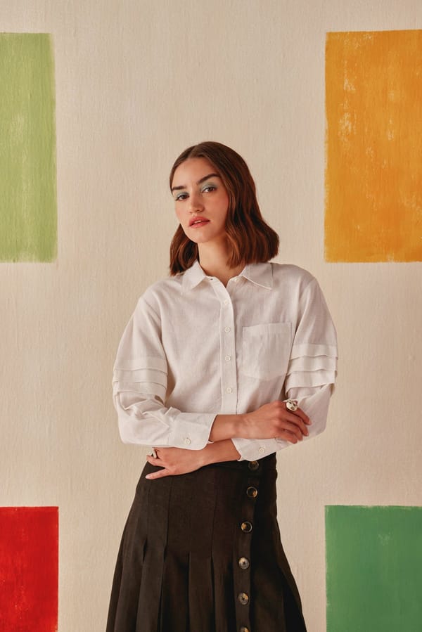 Off-White Button-Down Shirt with Pleated Sleeve Panels — Sage by Mala