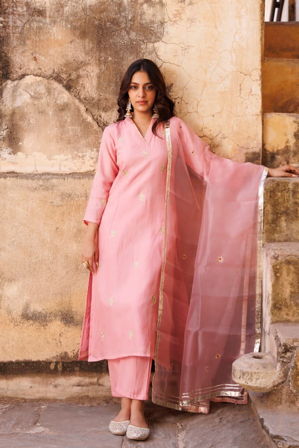 Pink Uppada Silk Aari Embroidered Kurta Set — Bannhi by Priyanka Rathore