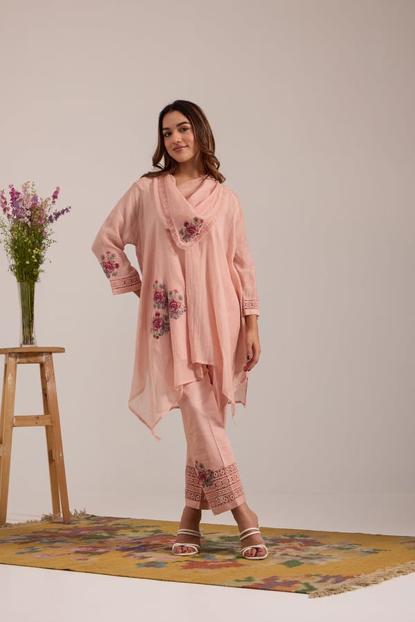 Asymmetric Cowl Tunic Set with Side Embroidery in Pink — Omi Clothing