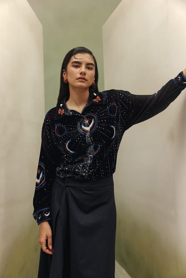 Black/Blue Celestial Print Velvet Shirt — SHOP NOIB