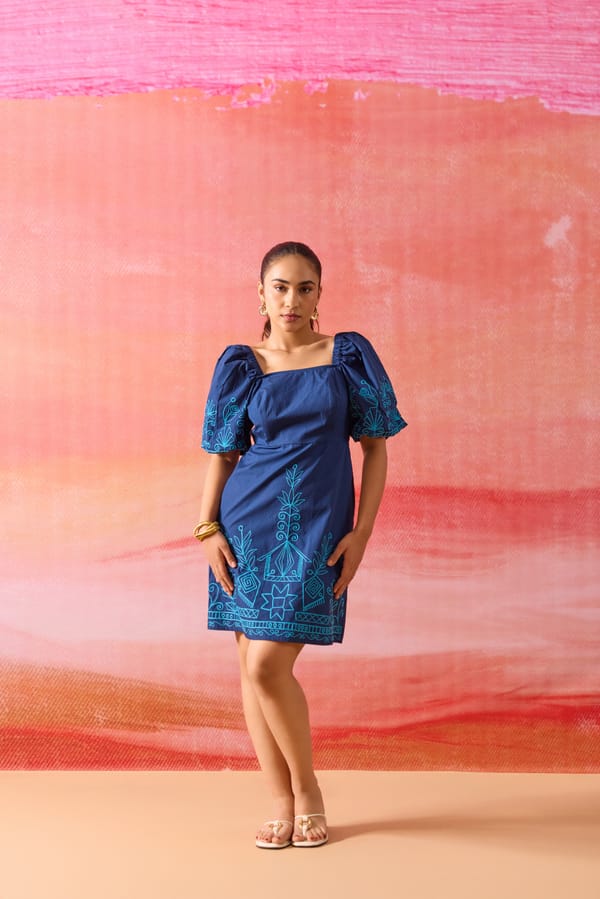 Blue Square Neck Aari Embroidered Poplin Mini Dress — Label Ruiaan