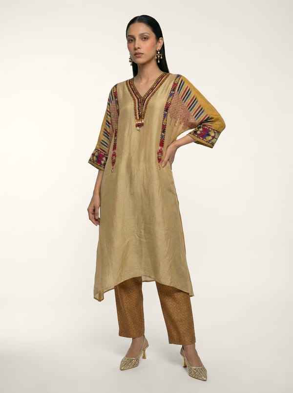 Beige Muslin Silk Printed Kurta Set with Embellished Placket — SAUNDH