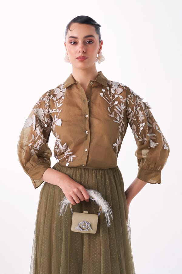 Mushroom Organza Embroidered Shirt with 3D Leaf Applique — Our Love