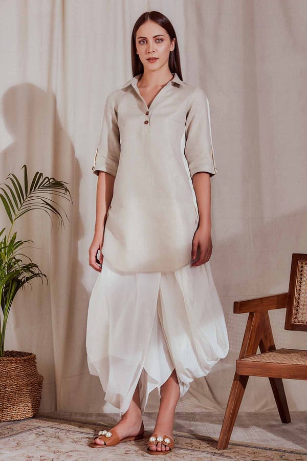 Beige Linen Colorblocked Straight Kurta — YELL